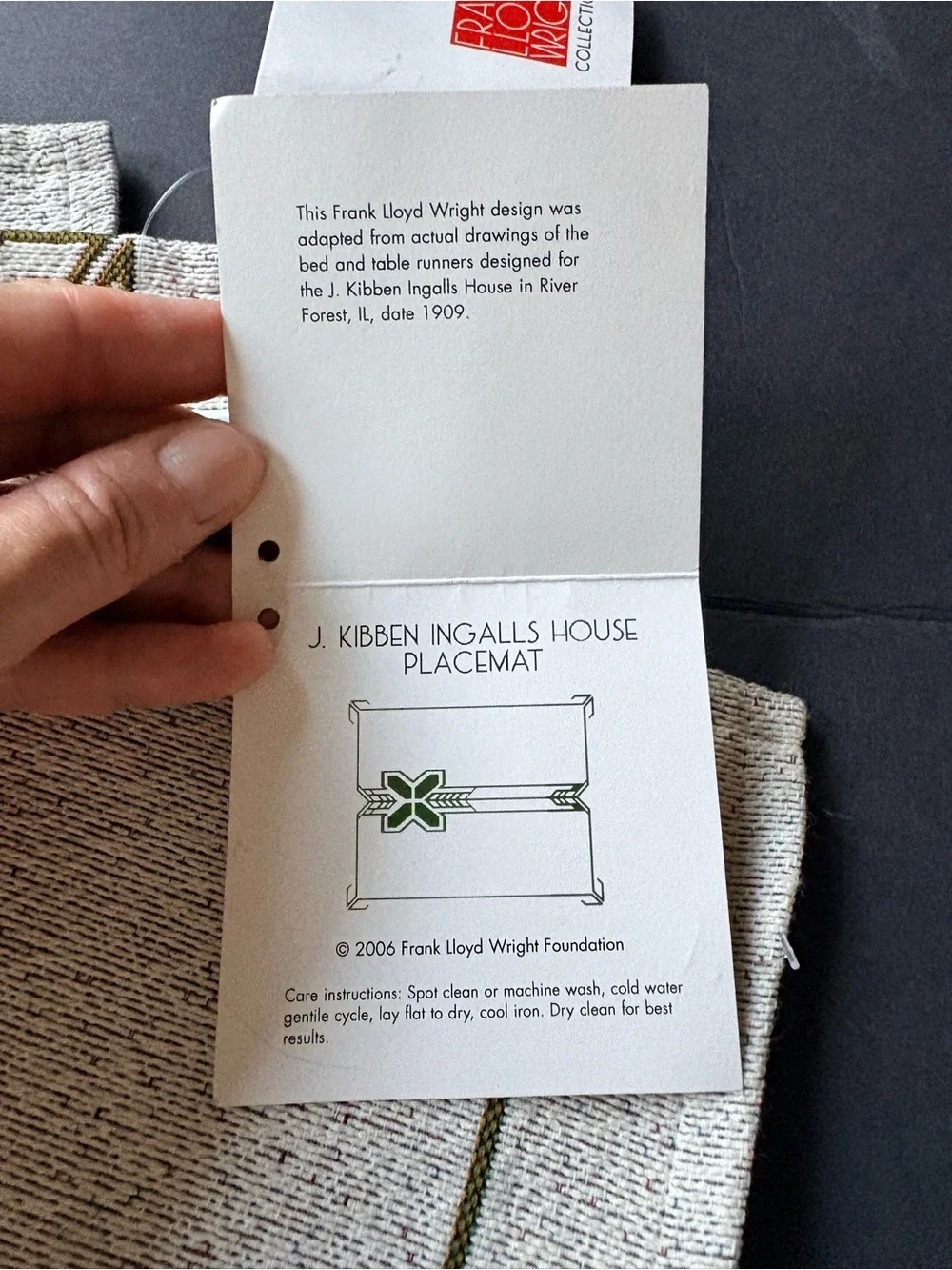 Set of Neutral Linen-Look Placemats with Olive Geometric Border